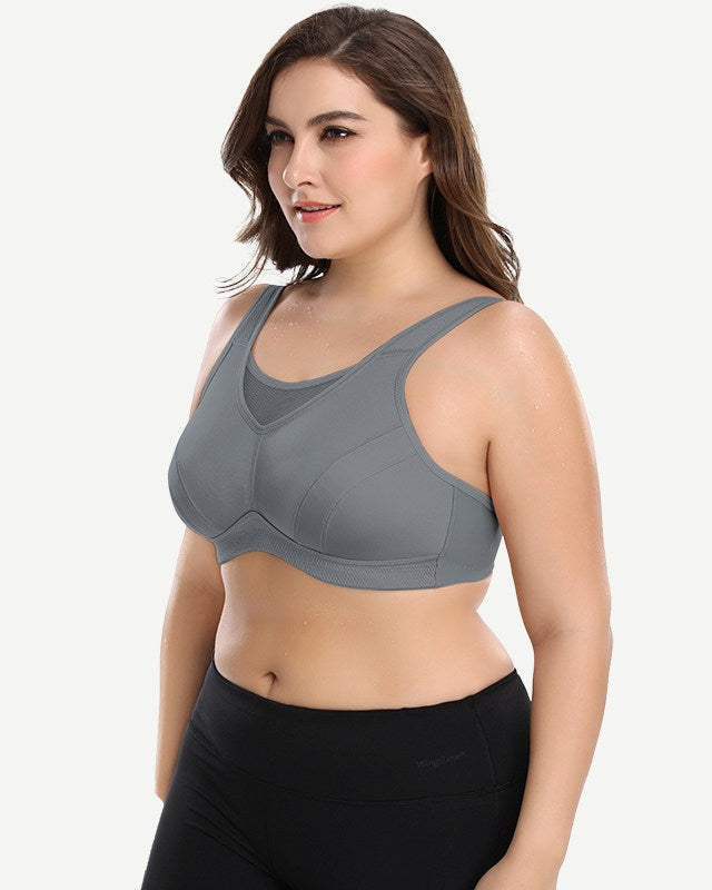 Plus Size Solid wirefree Absorb Breathable Sports Bra Grey