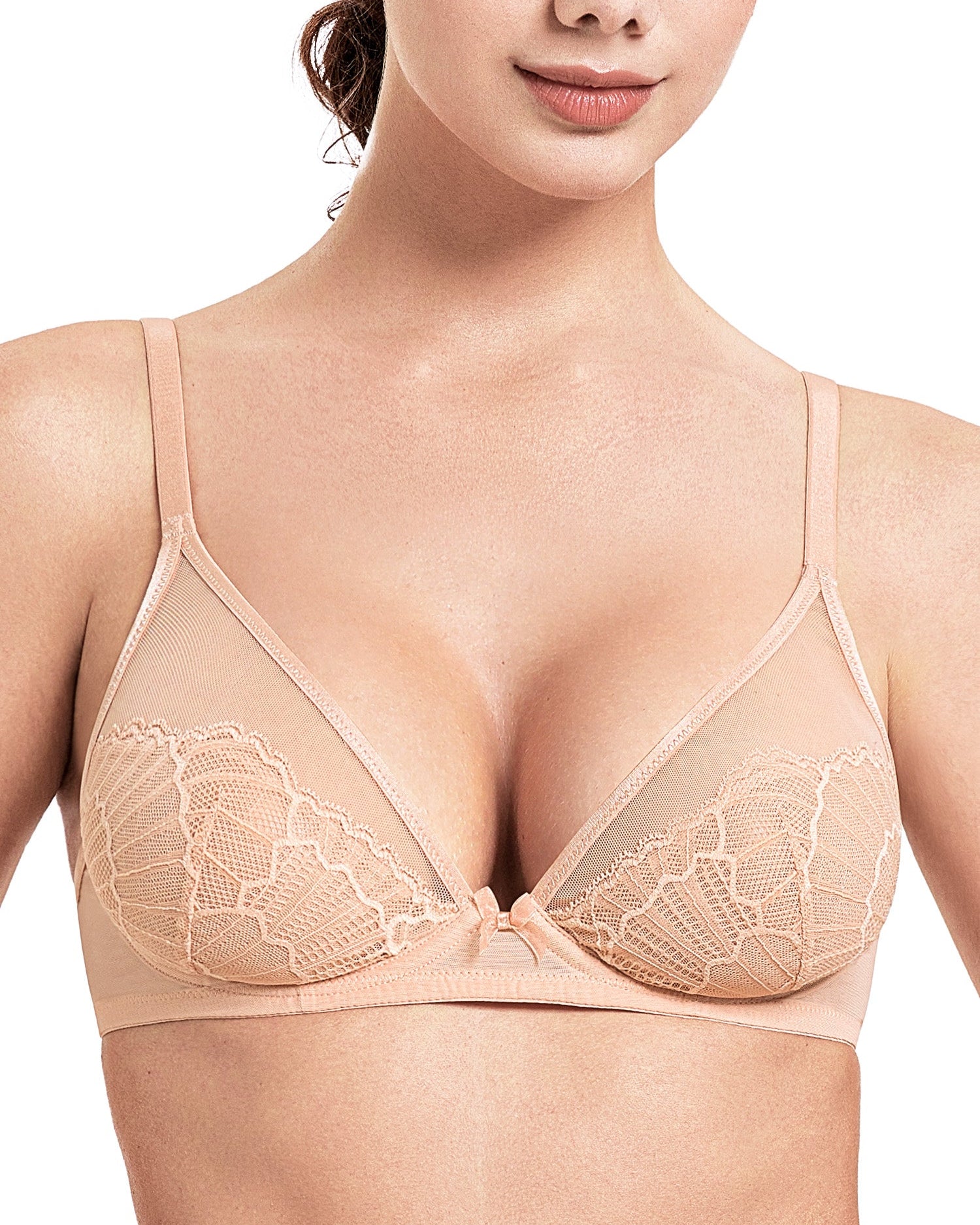 Sheer Lace Underwire Unlined Mesh & Adjustable Straps Bra Nude - WingsLove