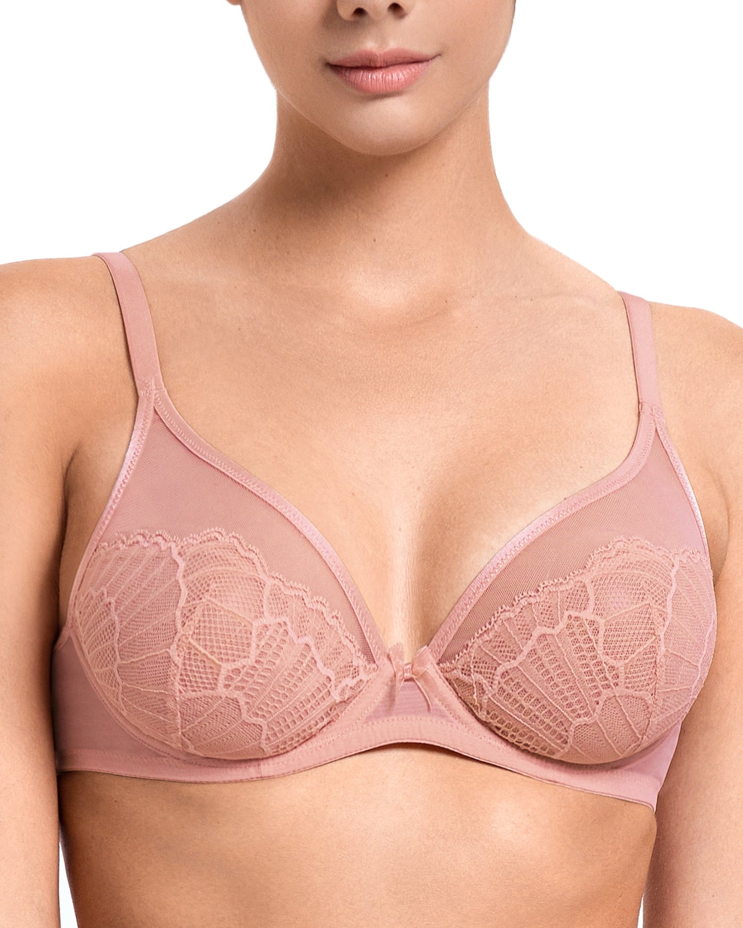 Sheer Lace Underwire Unlined Mesh & Adjustable Straps Bra Rose Pink - WingsLove