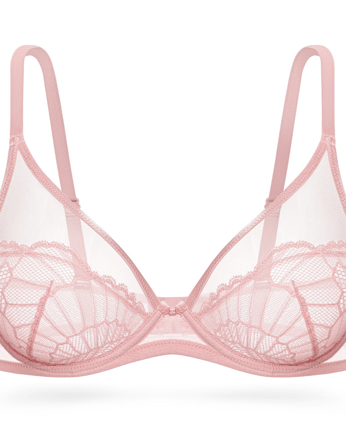 Sheer Lace Underwire Unlined Mesh & Adjustable Straps Bra Rose Pink - WingsLove