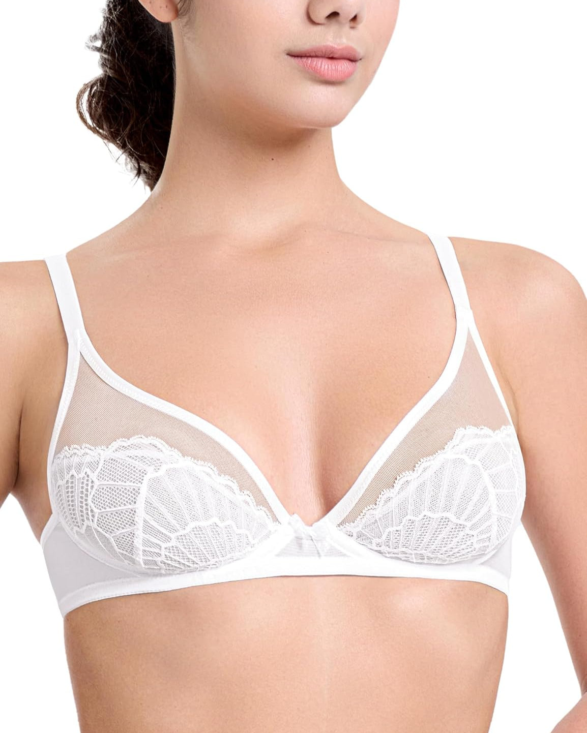 Sheer Lace Underwire Unlined Mesh & Adjustable Straps White - WingsLove