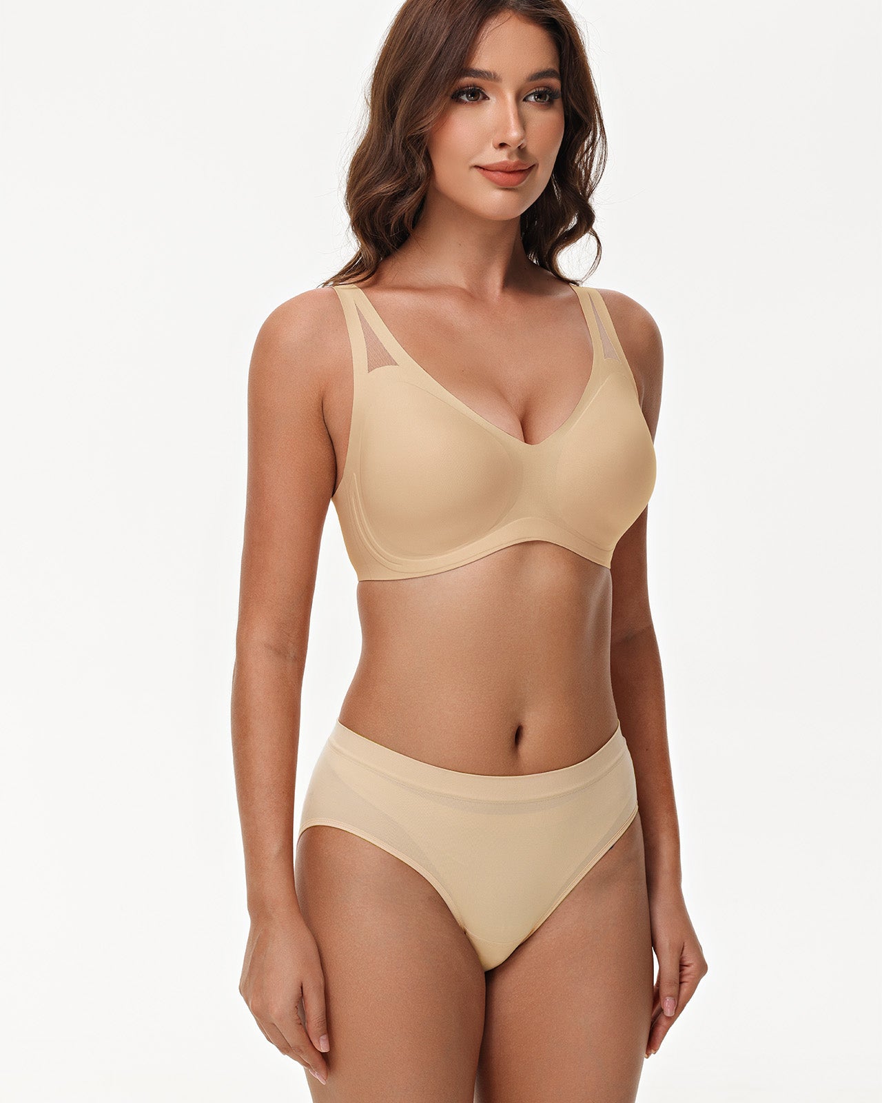 Deep plunge front view of Wingslove seamless dark nude push-up bra with pad insert and sculpted fit