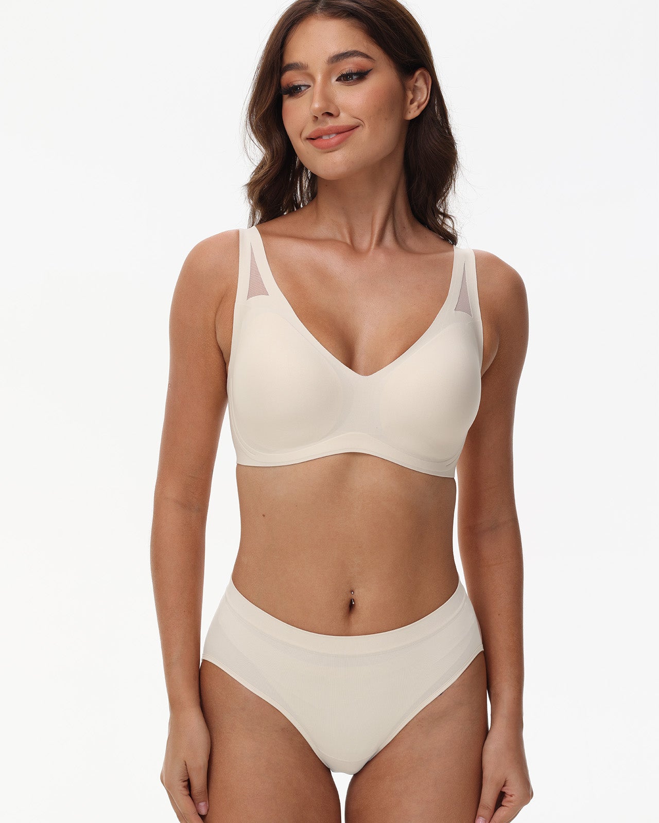 Front view showing deep V cut of Wingslove seamless wireless bra with push-up jelly support