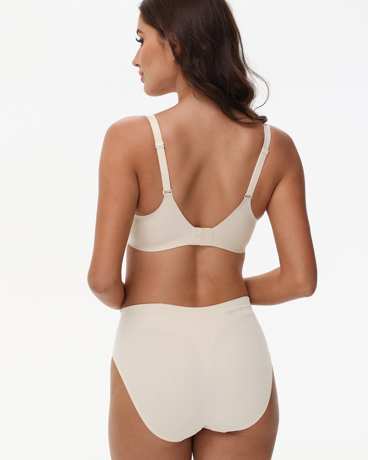 Back view of Wingslove seamless nude bra showing wide straps and comfortable wireless fit