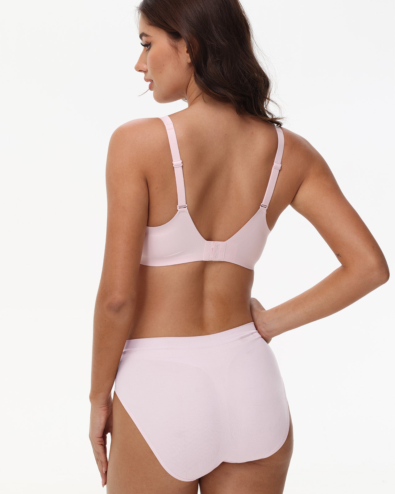 Rear view of Wingslove seamless pink T-shirt bra with breathable, no-wire design and wide coverage