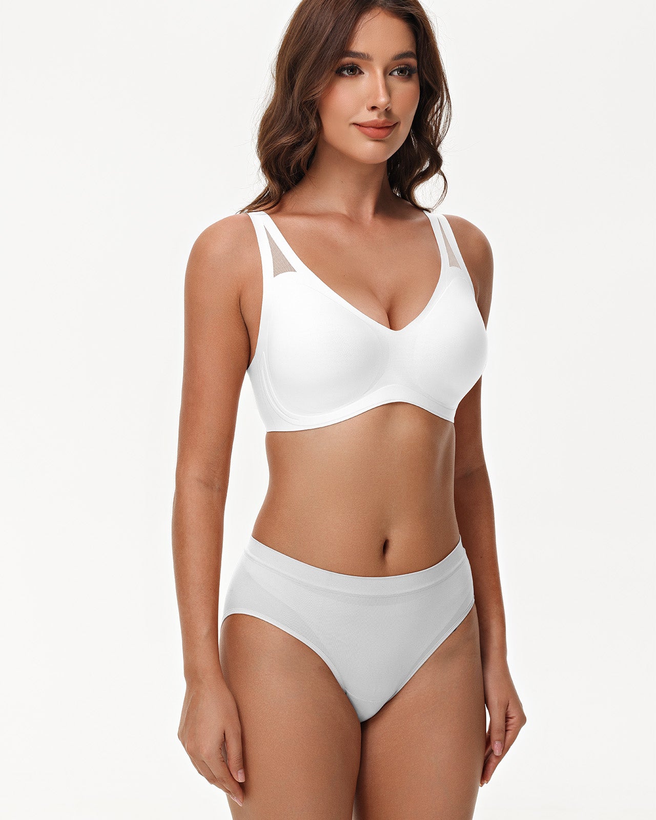 Deep V neckline on Wingslove seamless white bra with removable pads and wireless shaping technology