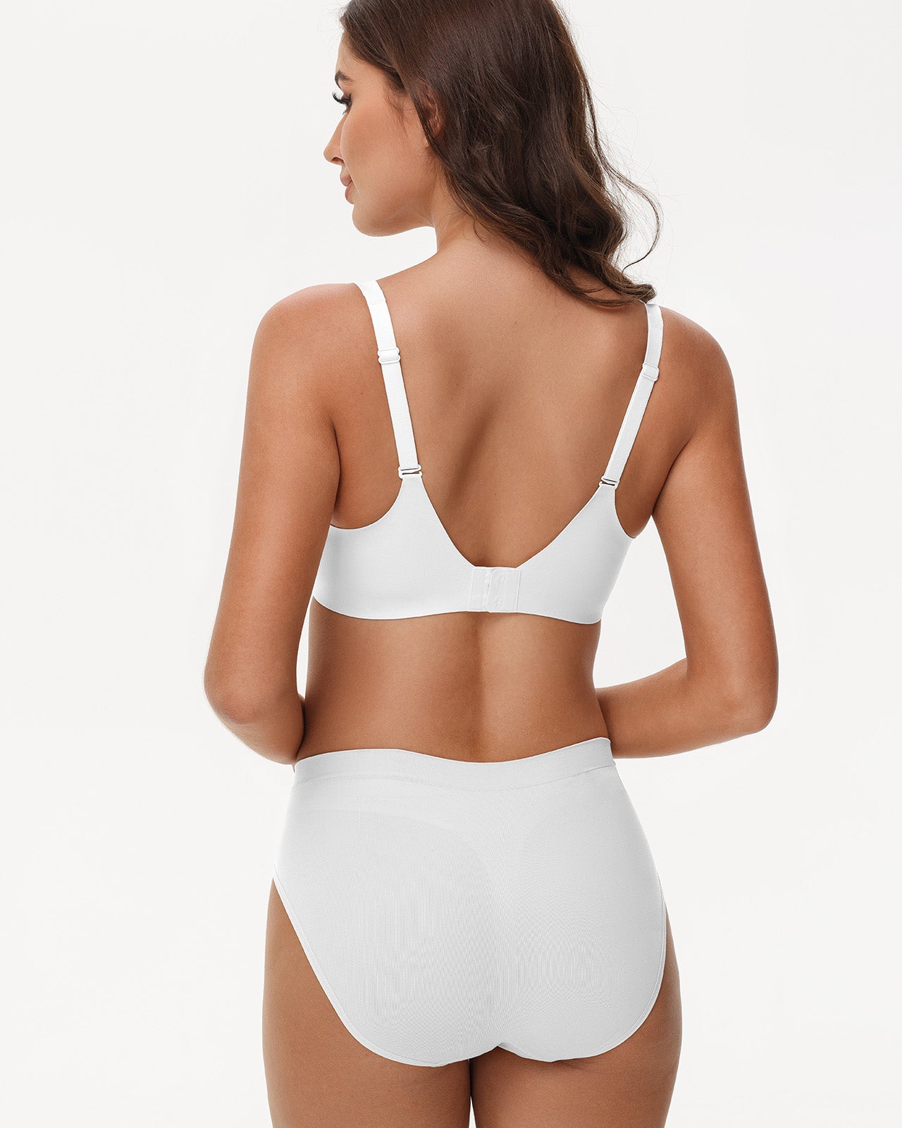 Wingslove seamless white bra shown from back, featuring breathable fabric and sculpted U-shaped support