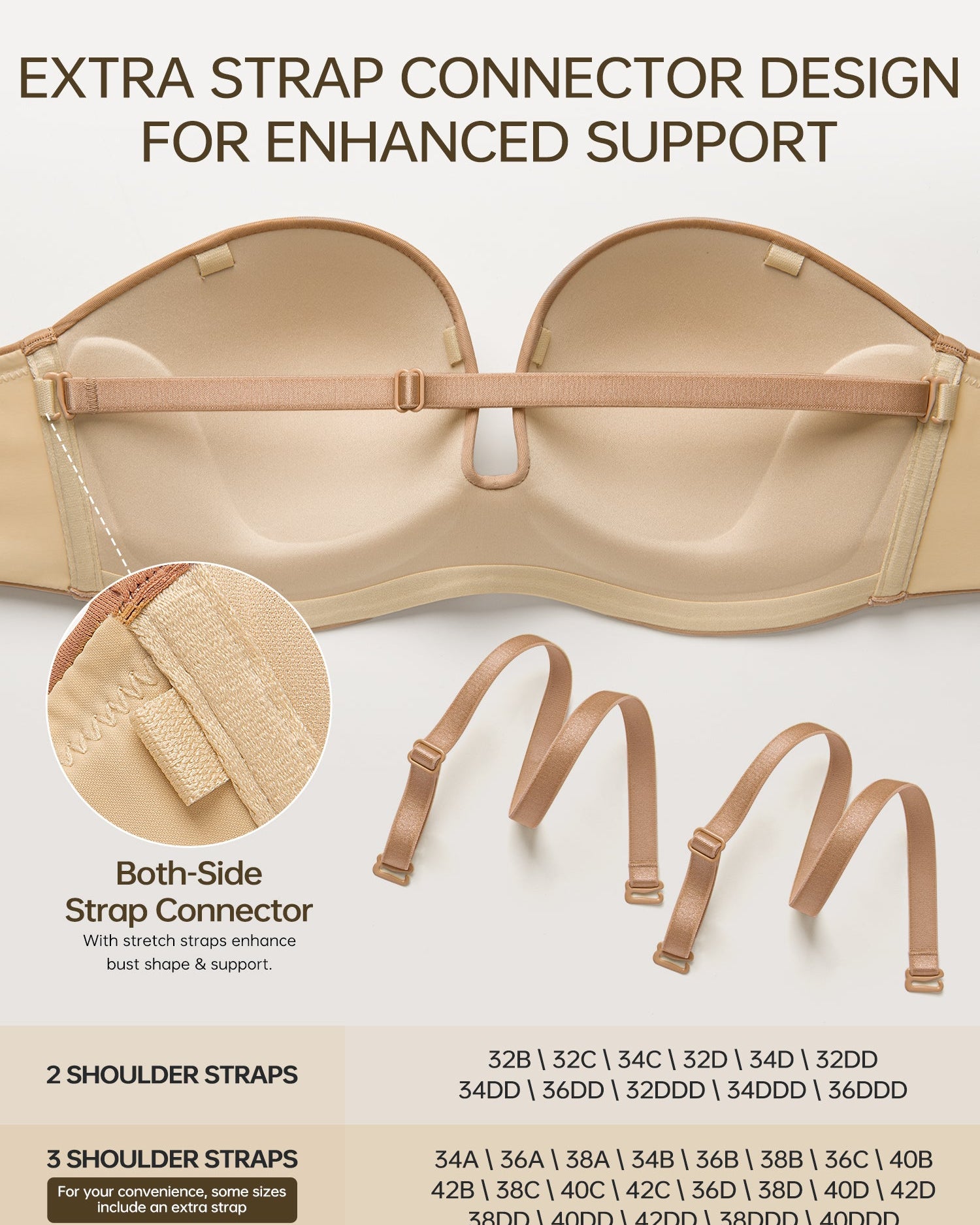 Women's Strapless Bra Full Figure Bras Plus Size Multiway Straps Wirefree Support Red Carpet Brown - WingsLove