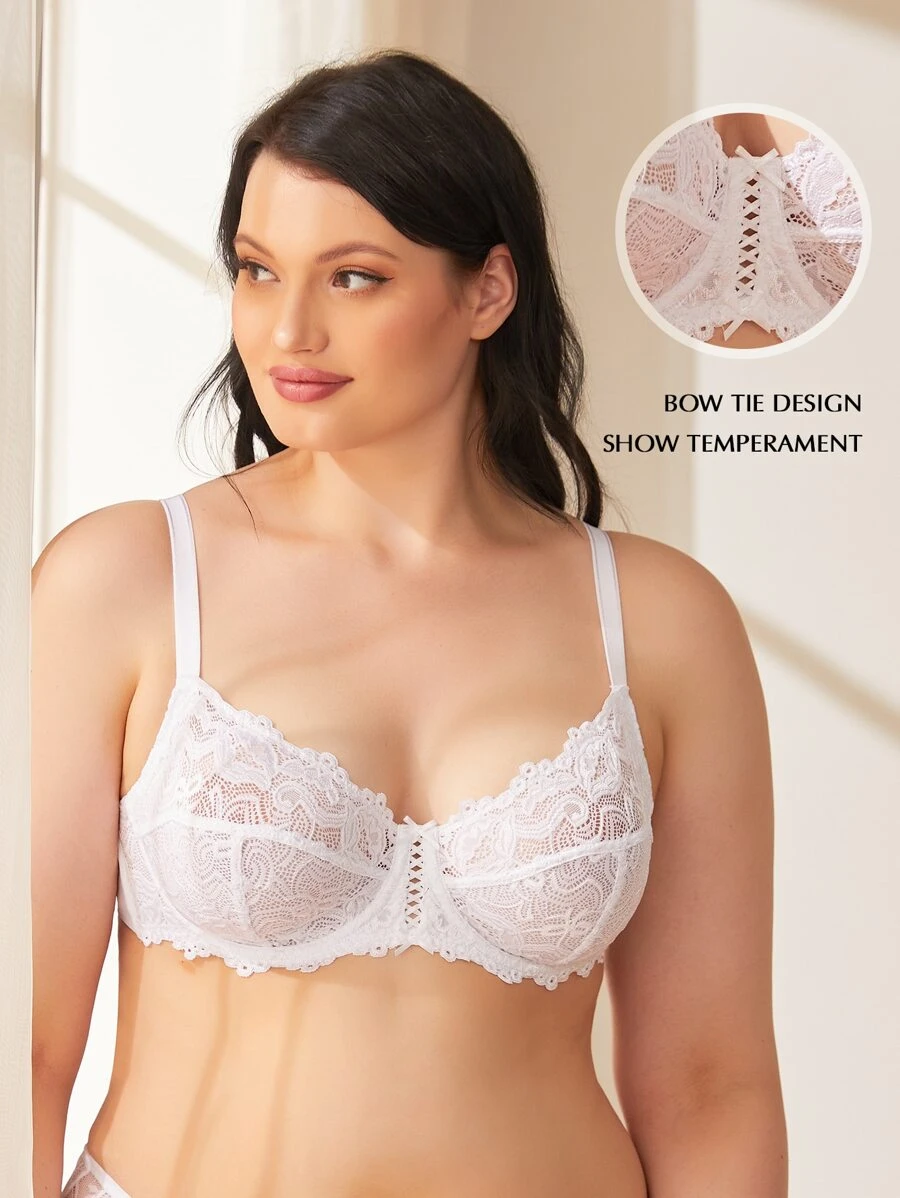 Womens Full Coverage Floral Lace Underwired Bra Plus Size Non Padded  Comfort Bra 48DD White