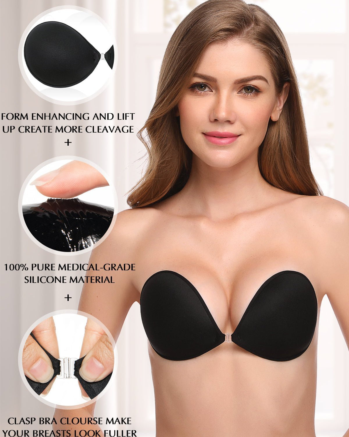 Adhesive Push-up Reusable Self Silicone Bra Black - WingsLove