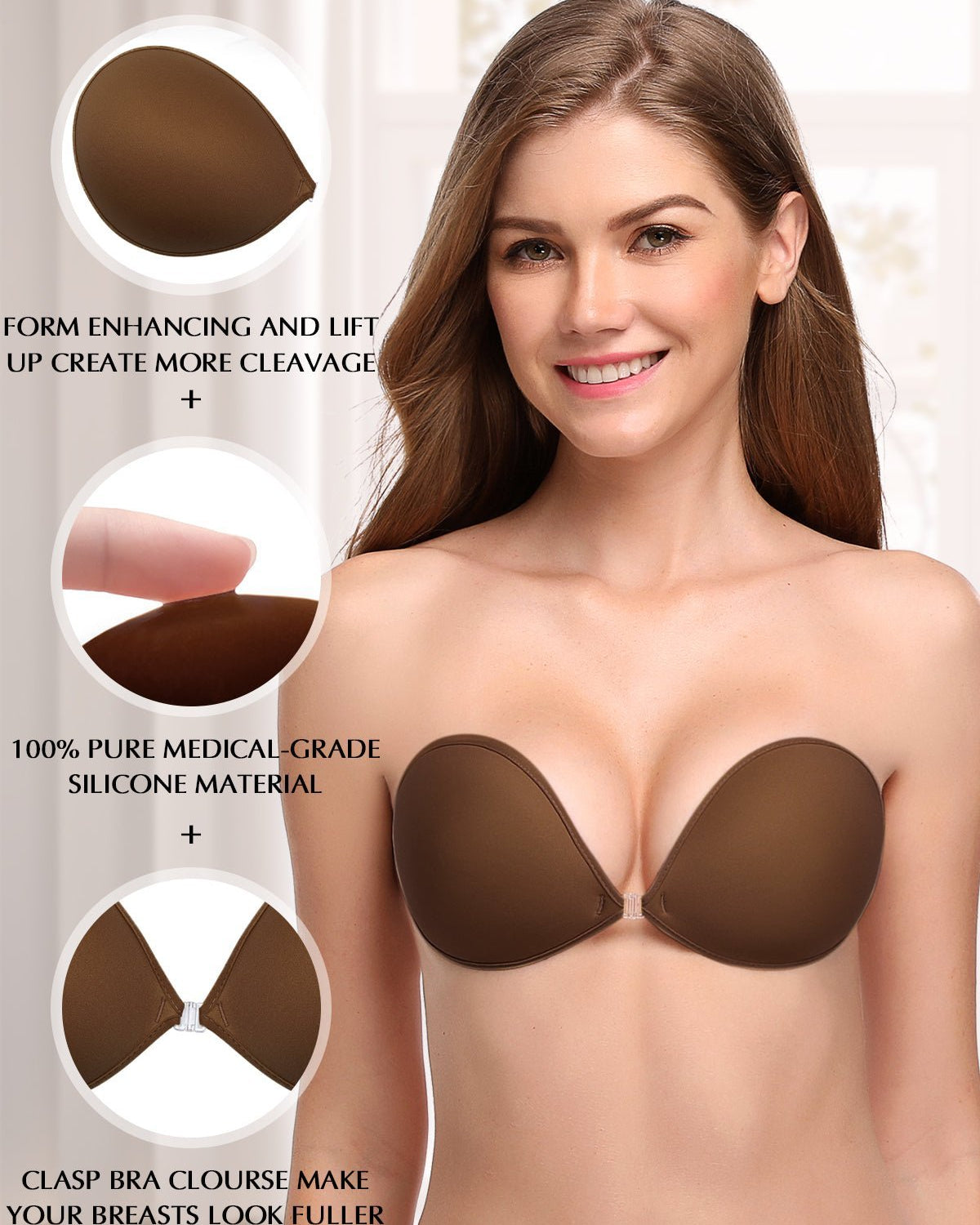 Adhesive Push-up Reusable Self Silicone Bra Coffee Brown - WingsLove