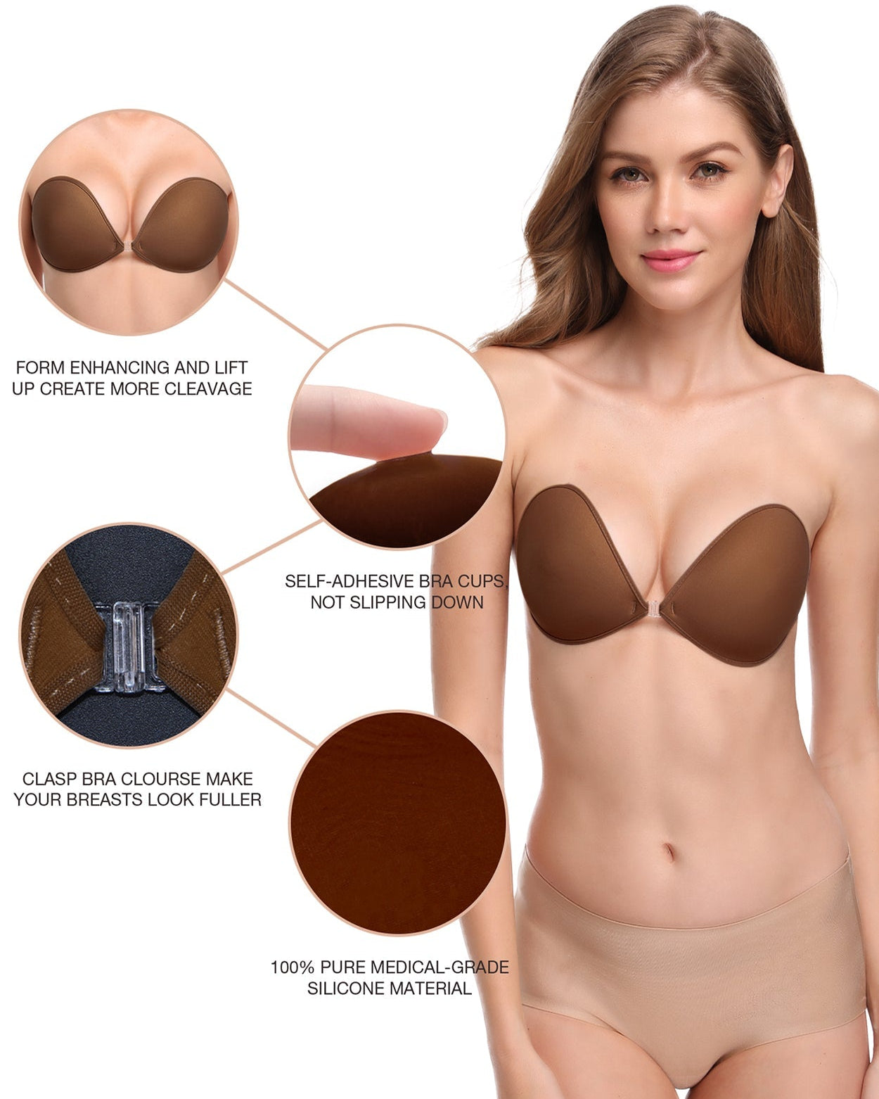 Adhesive Push-up Reusable Self Silicone Bra Coffee Brown - WingsLove