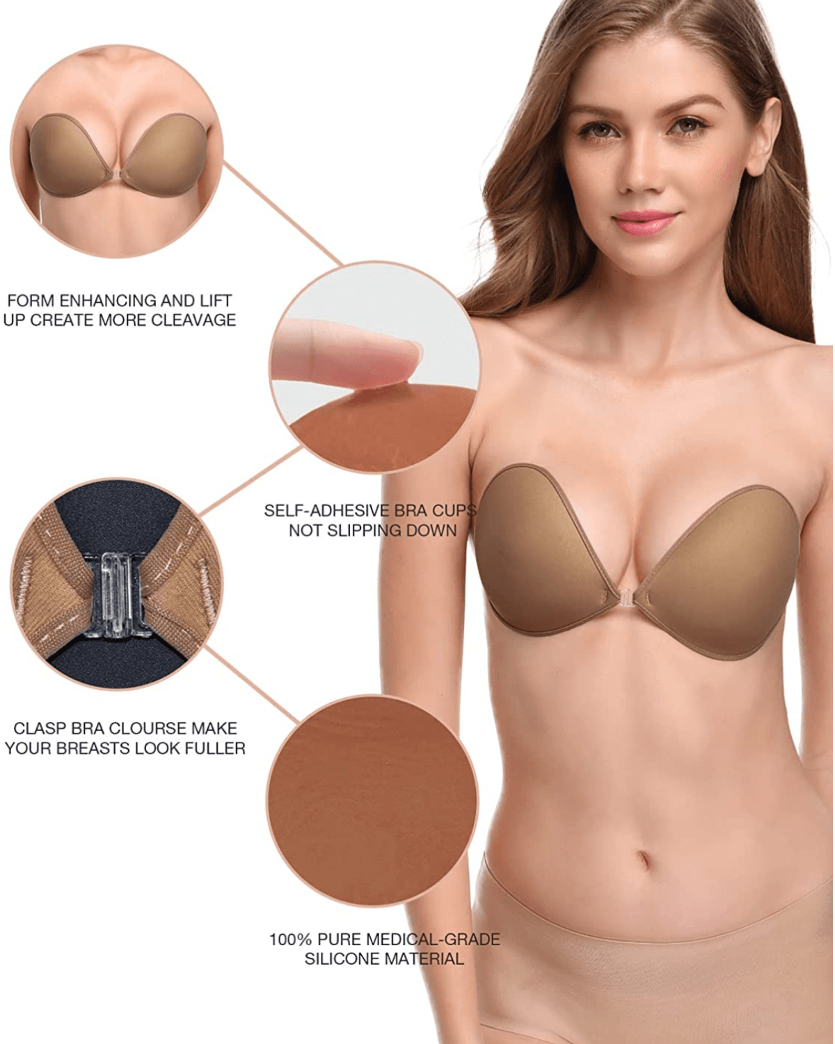 Adhesive Push-up Reusable Self Silicone Bra Milk Coffee - WingsLove