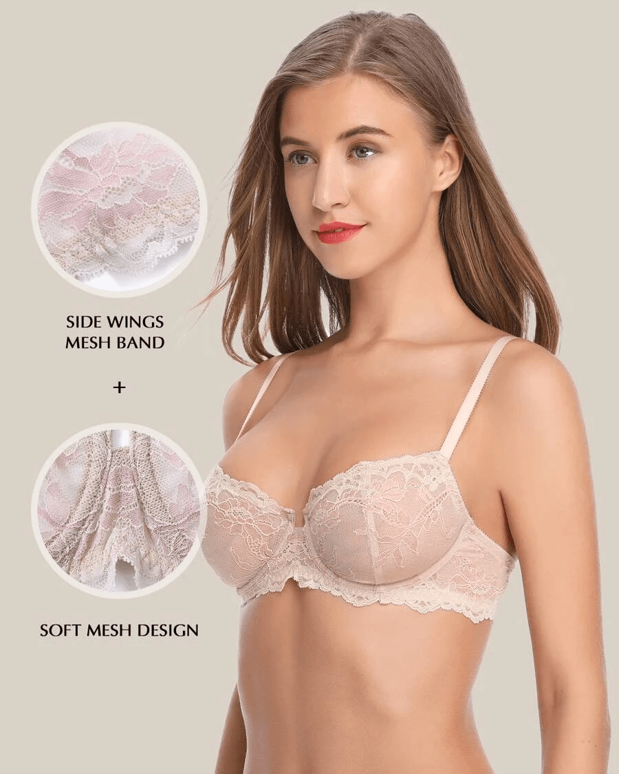 Eyelash Lace Demi Sexy Sheer Lace Balconette Bra Nude - WingsLove