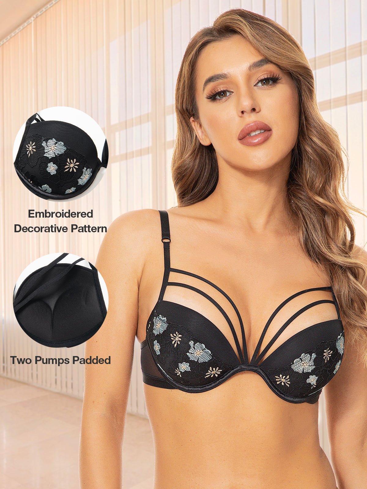 Floral Lace Embroidery Push Up Bra Black - WingsLove