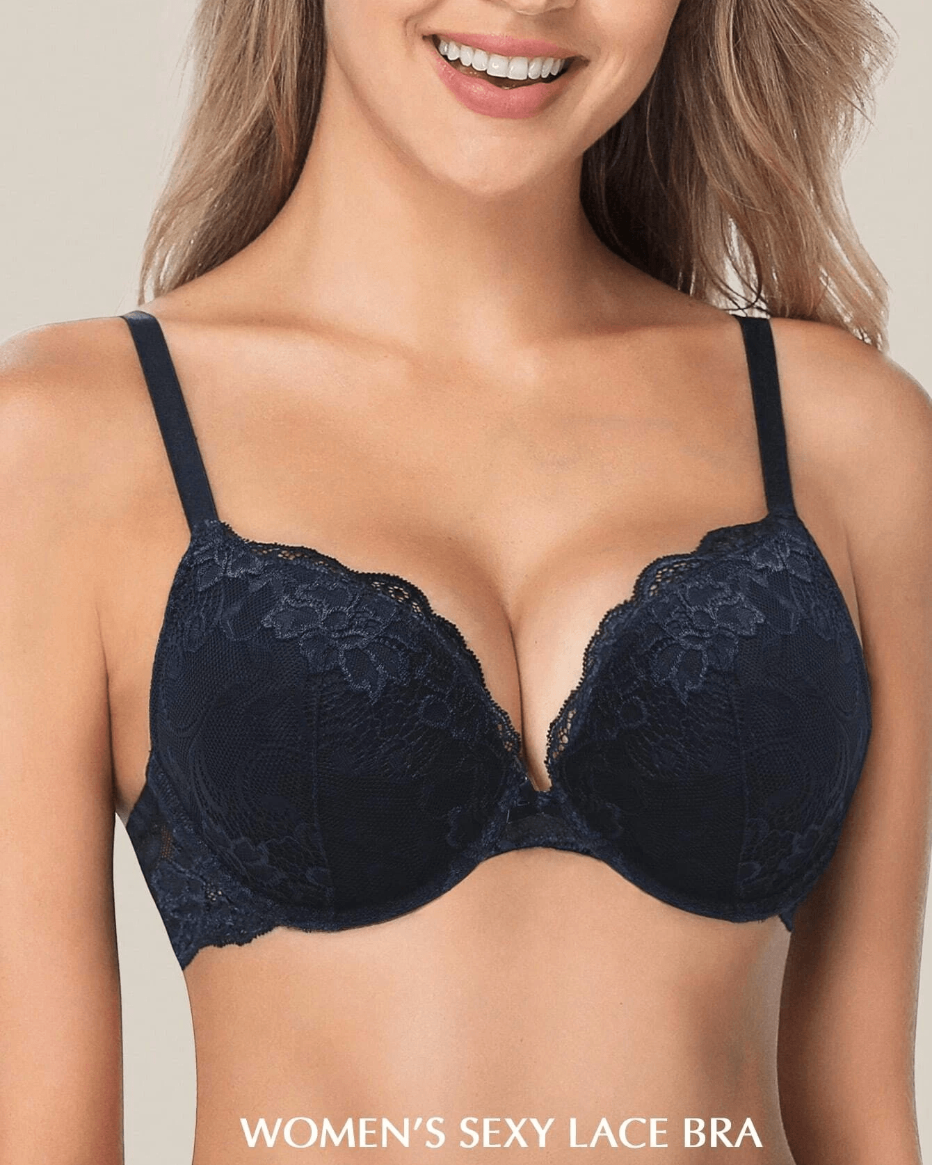 Floral Lace Push-Up Lightly Padded Demi Plunge Underwire Bra Dark Blue - WingsLove