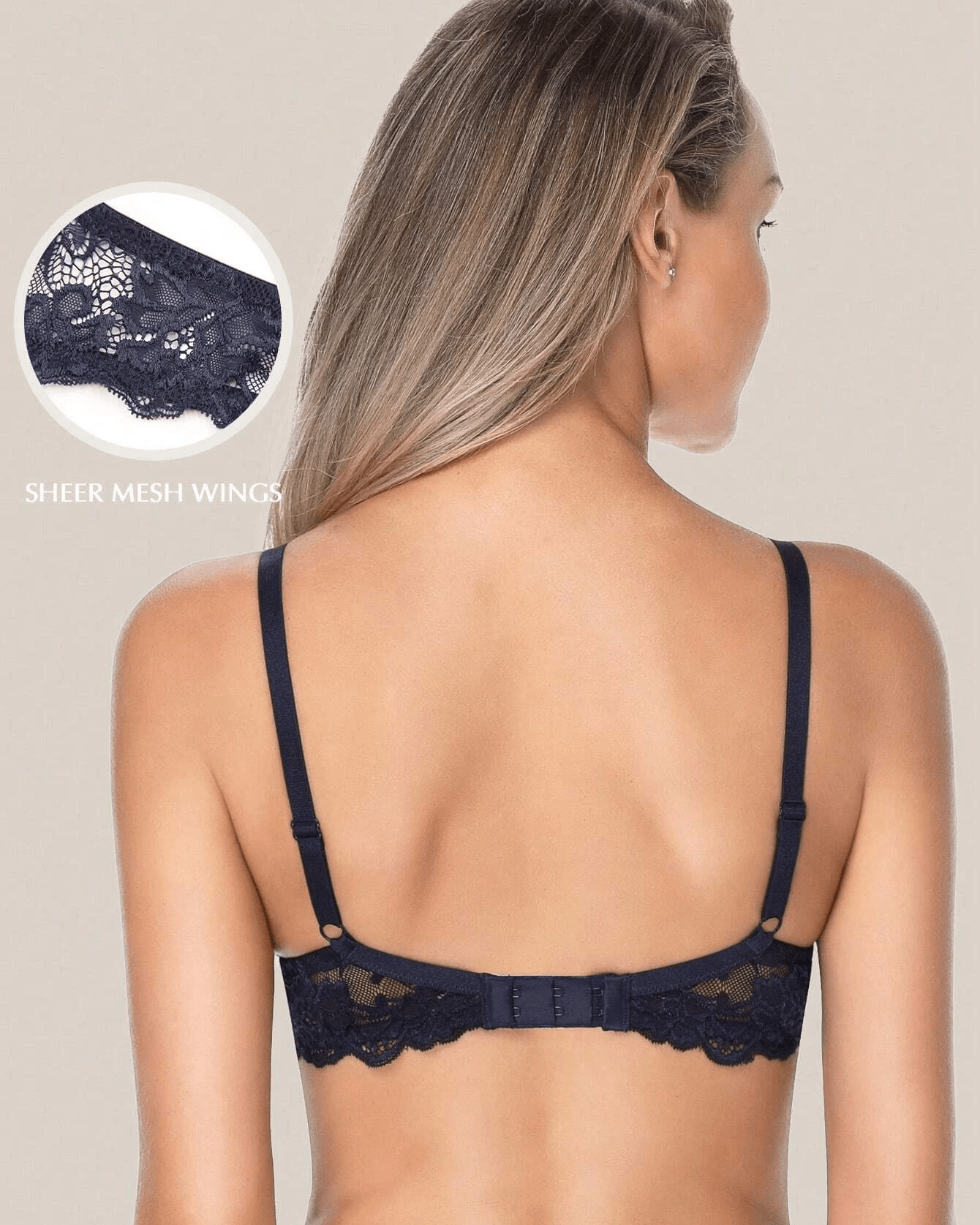 Floral Lace Push-Up Lightly Padded Demi Plunge Underwire Bra Dark Blue - WingsLove