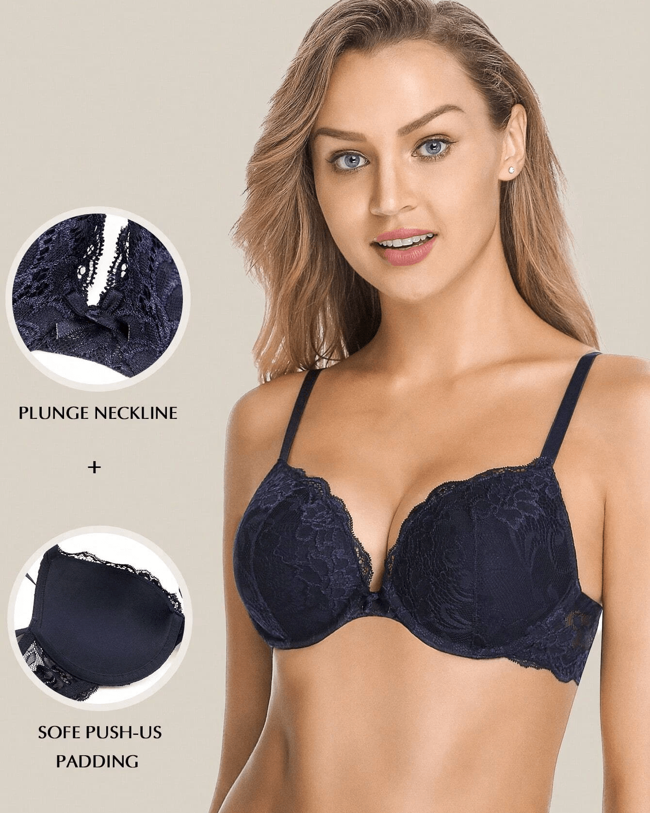 Floral Lace Push-Up Lightly Padded Demi Plunge Underwire Bra Dark Blue - WingsLove