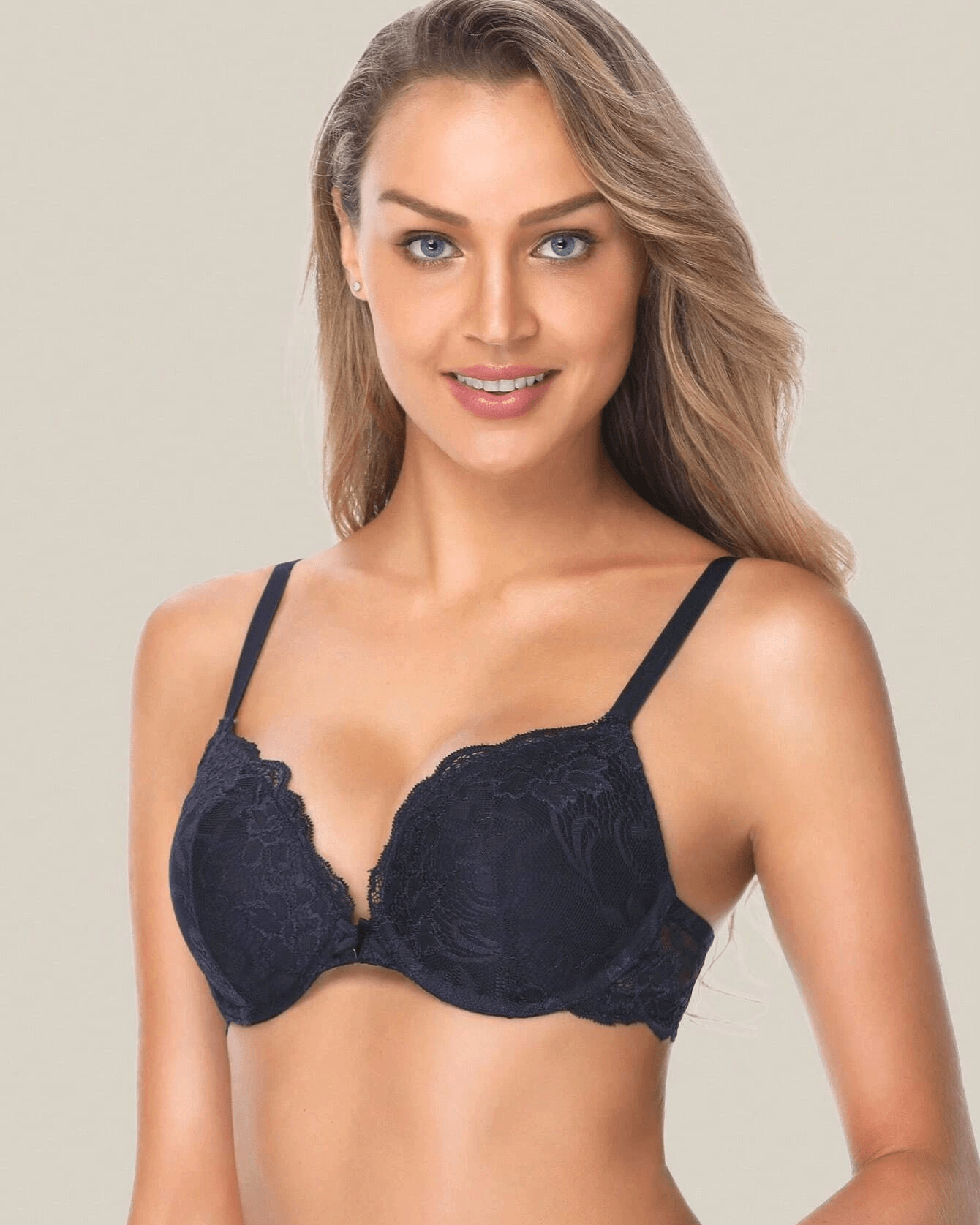 Floral Lace Push-Up Lightly Padded Demi Plunge Underwire Bra Dark Blue - WingsLove