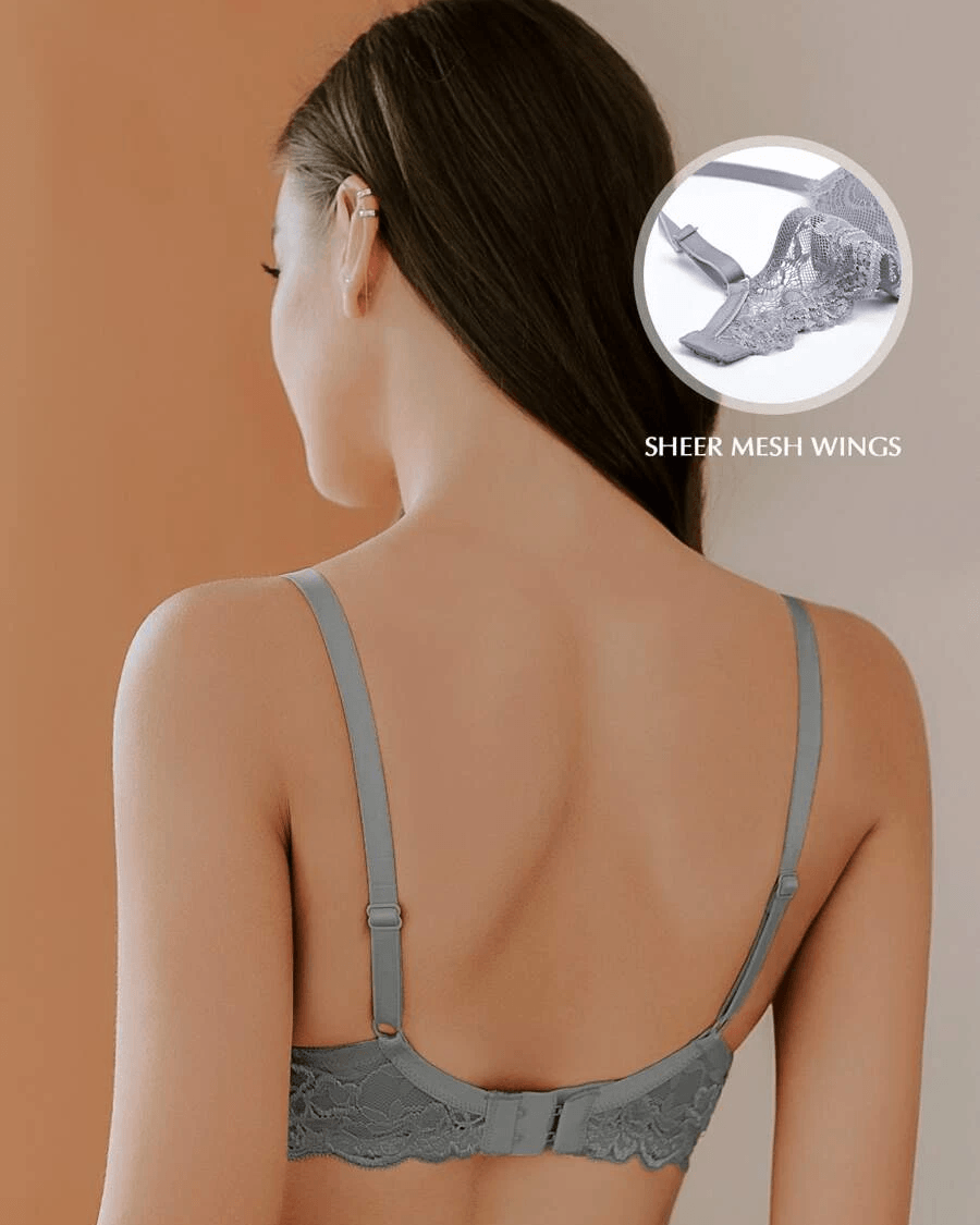 Floral Lace Push-Up Lightly Padded Demi Plunge Underwire Bra Grey - WingsLove