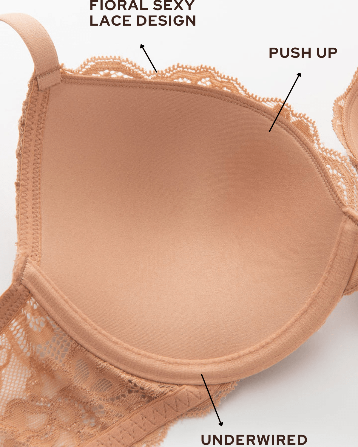 Floral Lace Push-Up Lightly Padded Demi Plunge Underwire Bra Nude - WingsLove