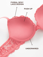 Lace Push Up Bra Lightly Padded Demi Plunge Bra Bean Red - WingsLove