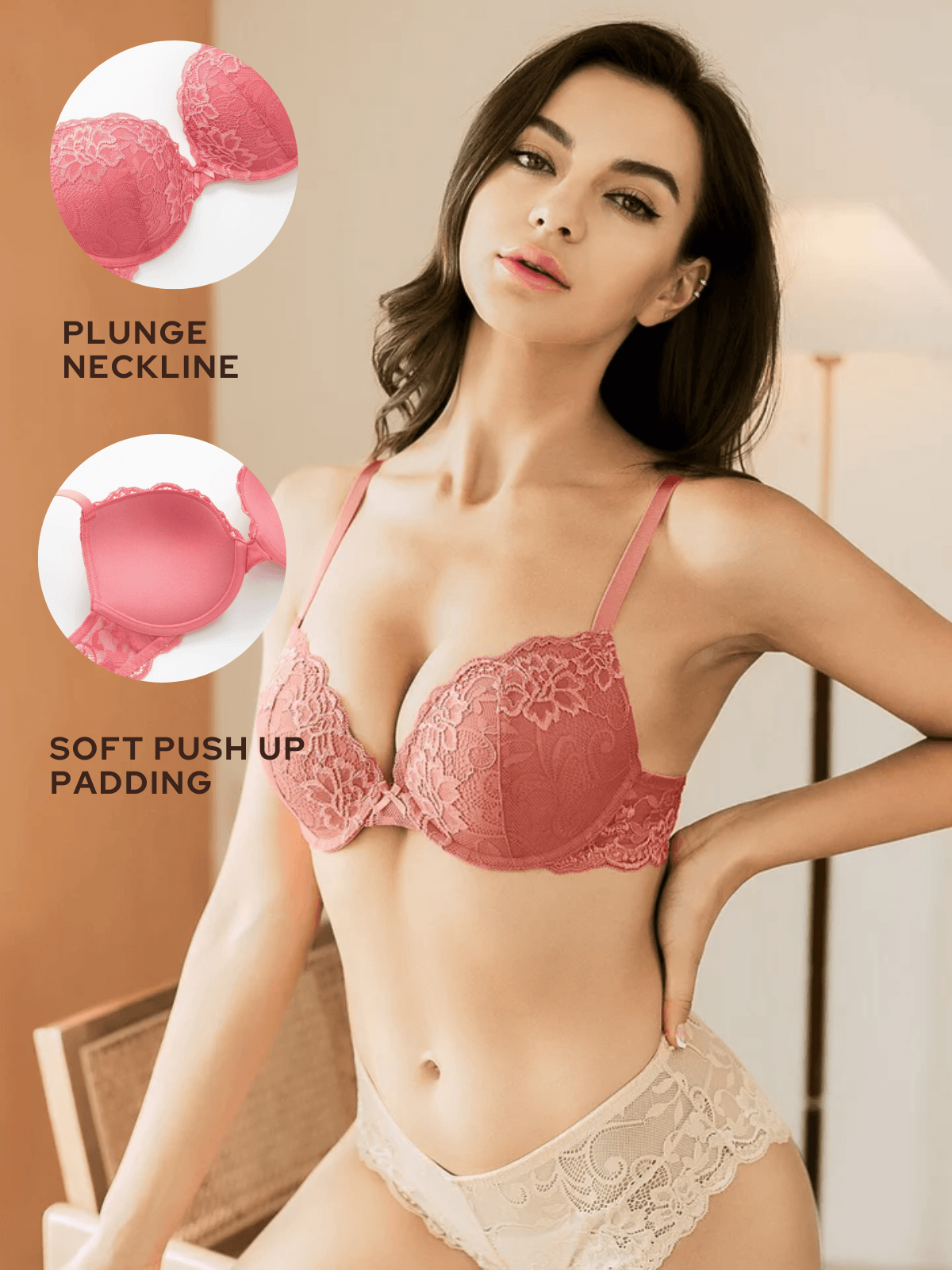 Lace Push Up Bra Lightly Padded Demi Plunge Bra Bean Red - WingsLove