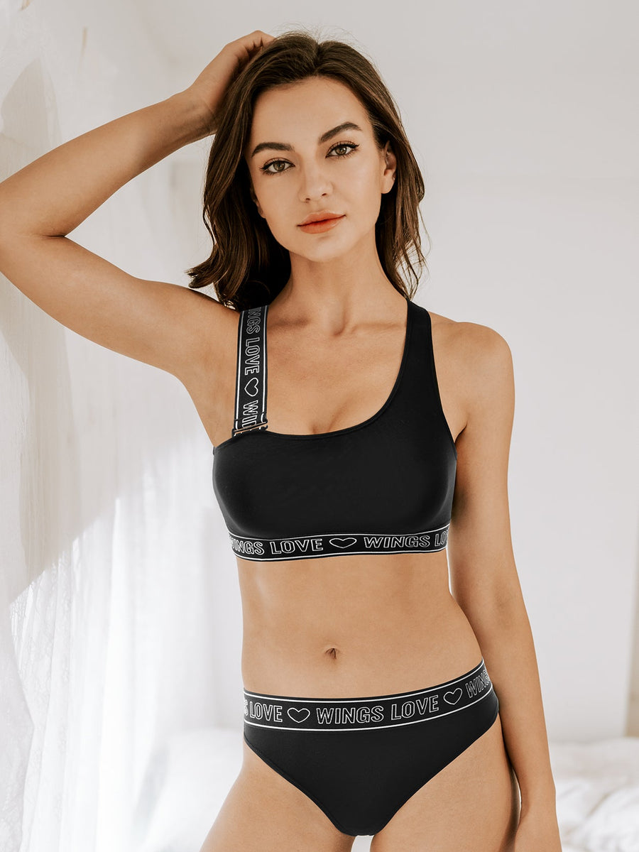 Wingslove Light Support Letter Tape Triangle Plunging Cups Sports Bra