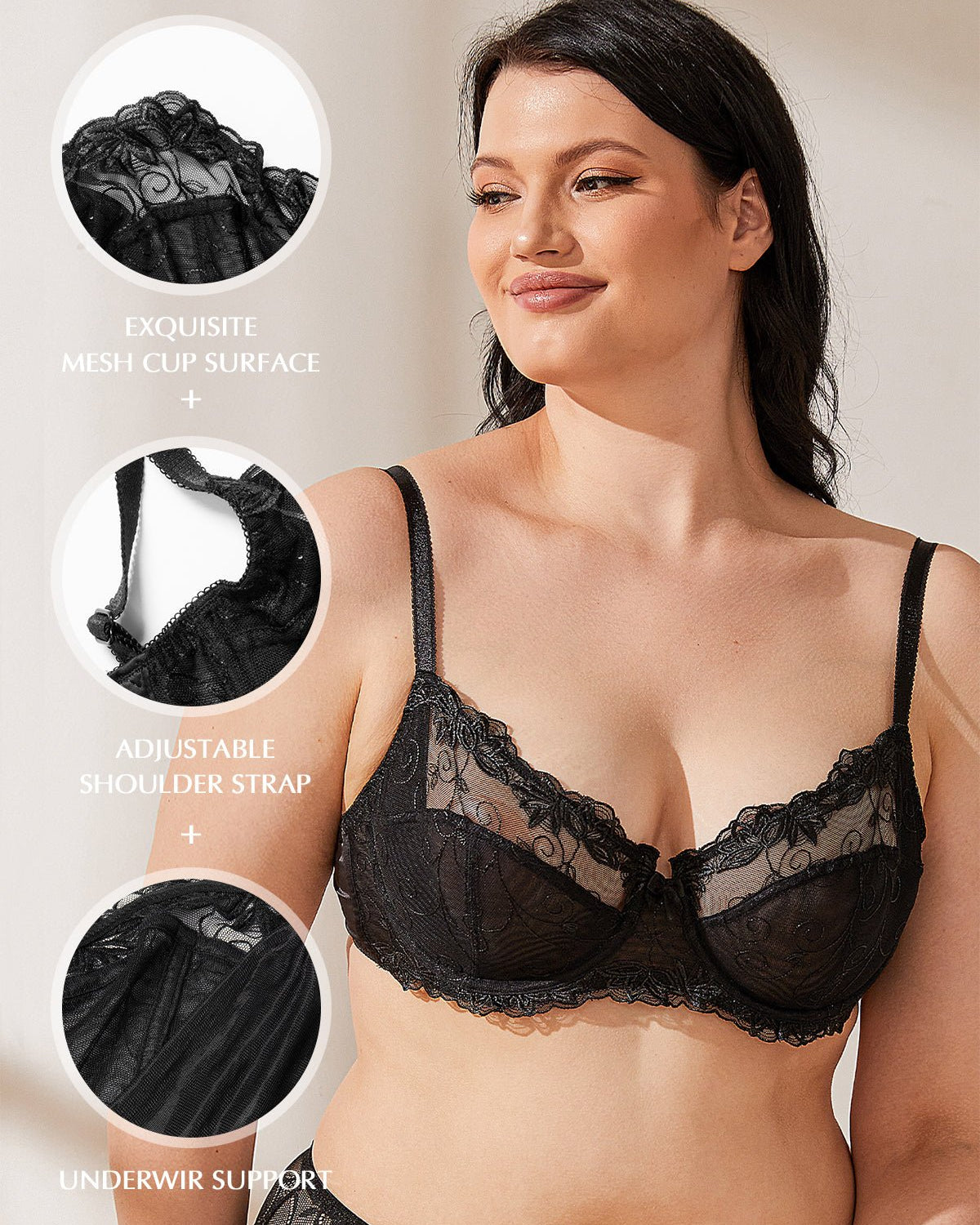 Plus Size See Through Unlined Underwire Lace Bra Black - WingsLove