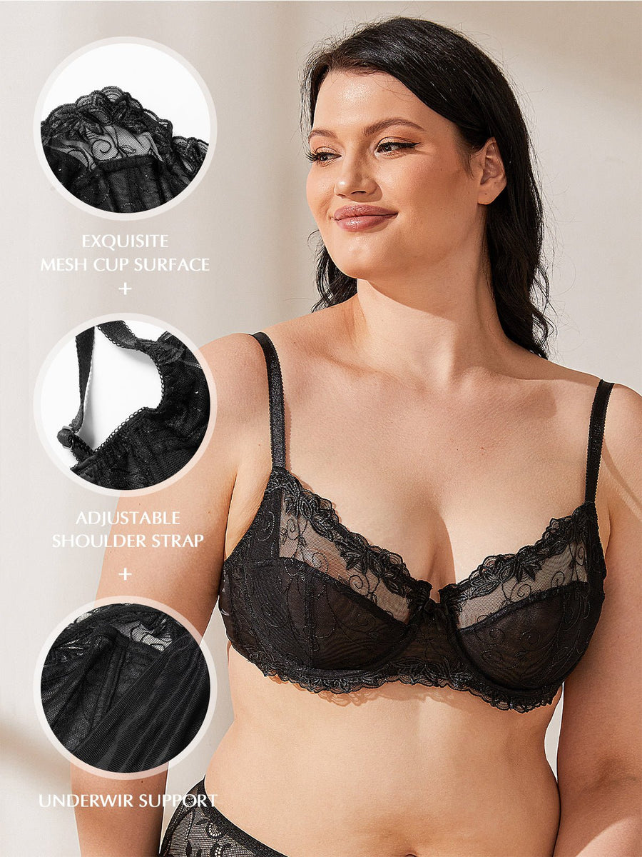 Deyllo Women's Sheer Lace Non Padded Full Cup Underwire Plus Size Bra,  Black 44D