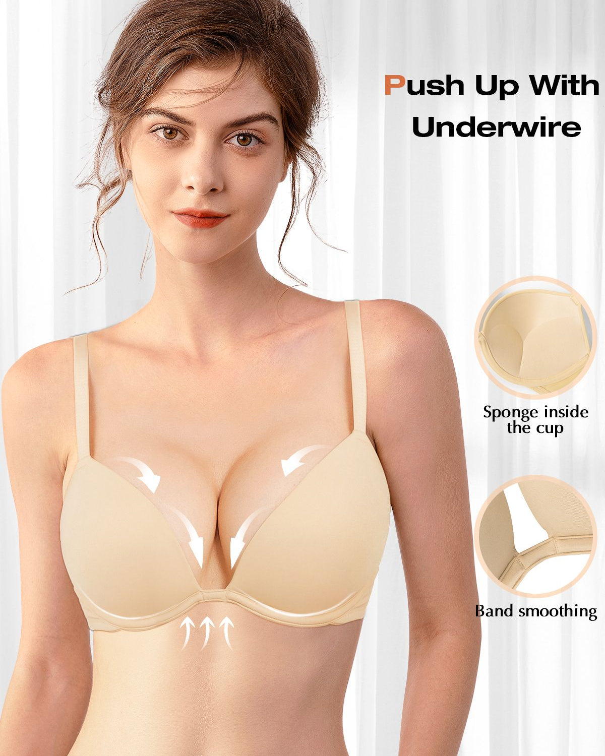 Push Up Deep V Plunge Underwire T-Shirt Bra Nude - WingsLove