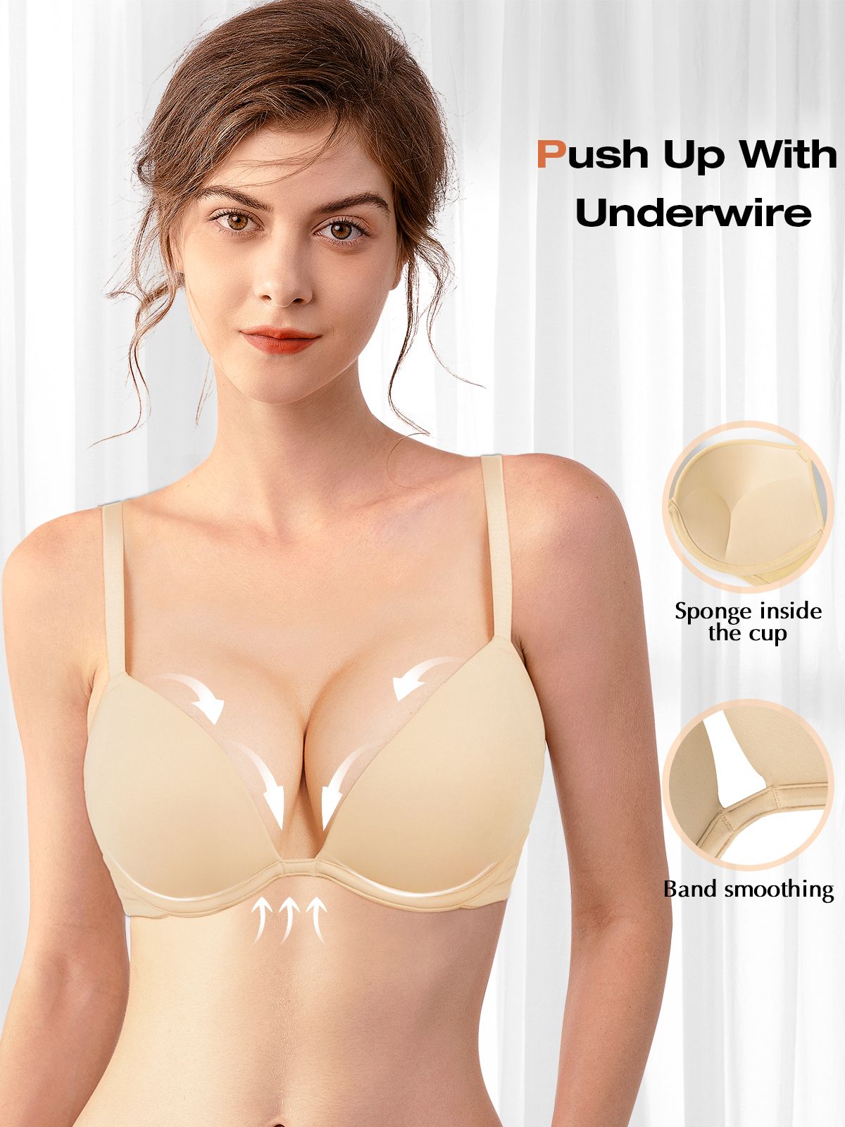 Push Up Deep V Plunge Underwire T-Shirt Bra Nude - WingsLove