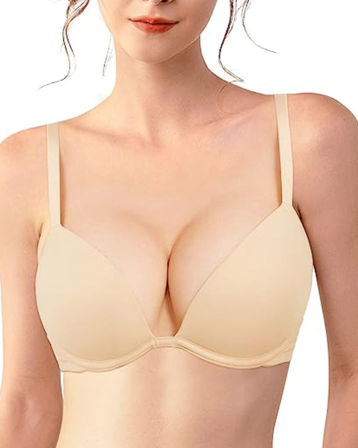 Push Up Deep V Plunge Underwire T-Shirt Bra Nude - WingsLove