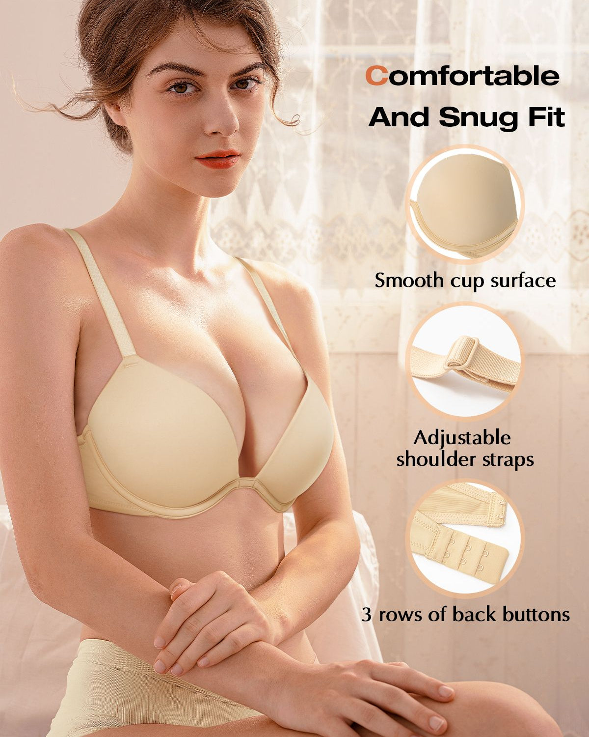 Push Up Deep V Plunge Underwire T-Shirt Bra Nude - WingsLove