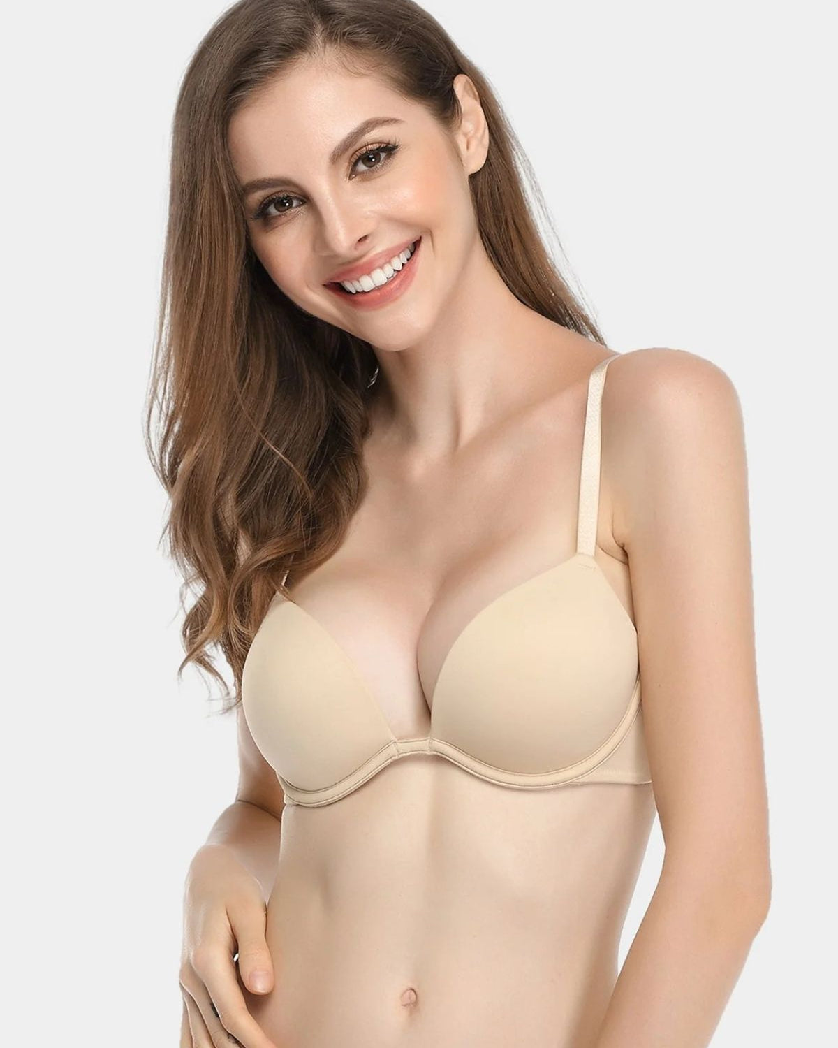 Push Up Deep V Plunge Underwire T-Shirt Bra Nude - WingsLove