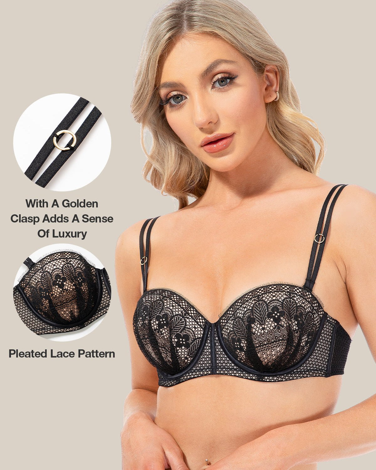Push Up Full Figure Strapless Pleated Lace Multiway Bra - WingsLove
