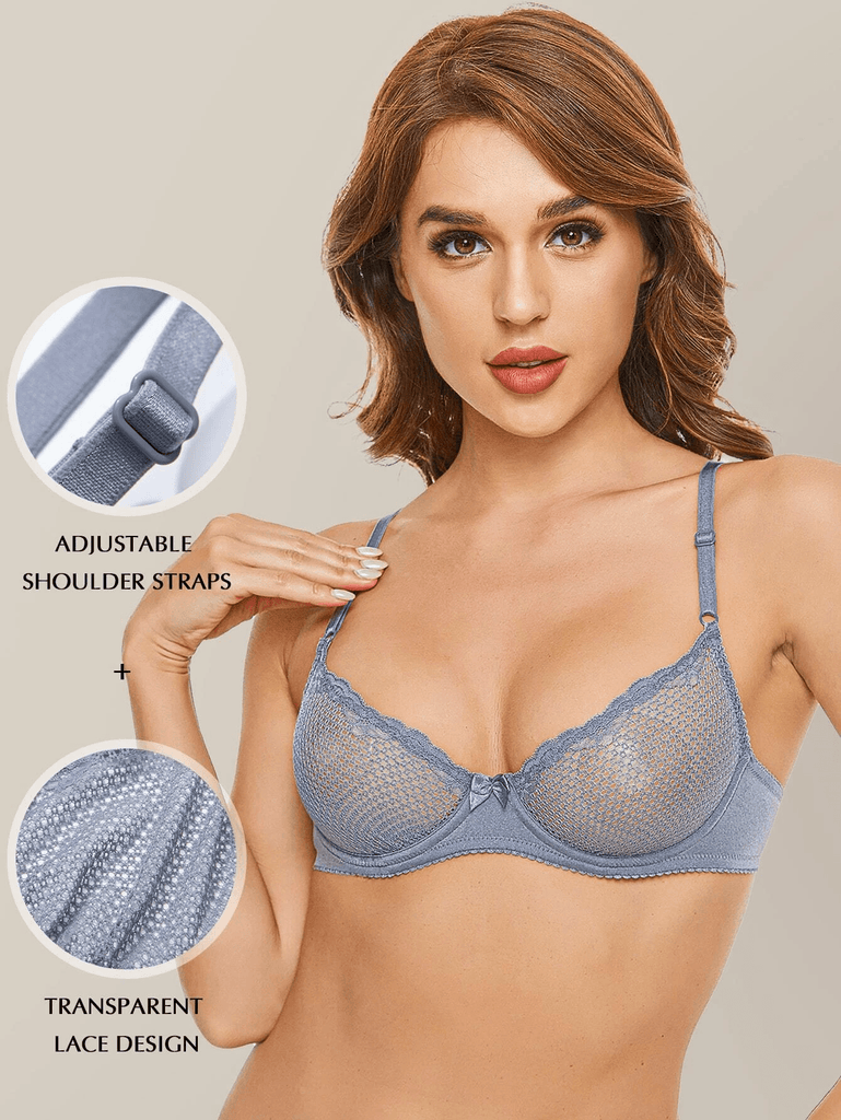 See Through 1/2 Cup Lace Underwire Demi Bra Grey - WingsLove