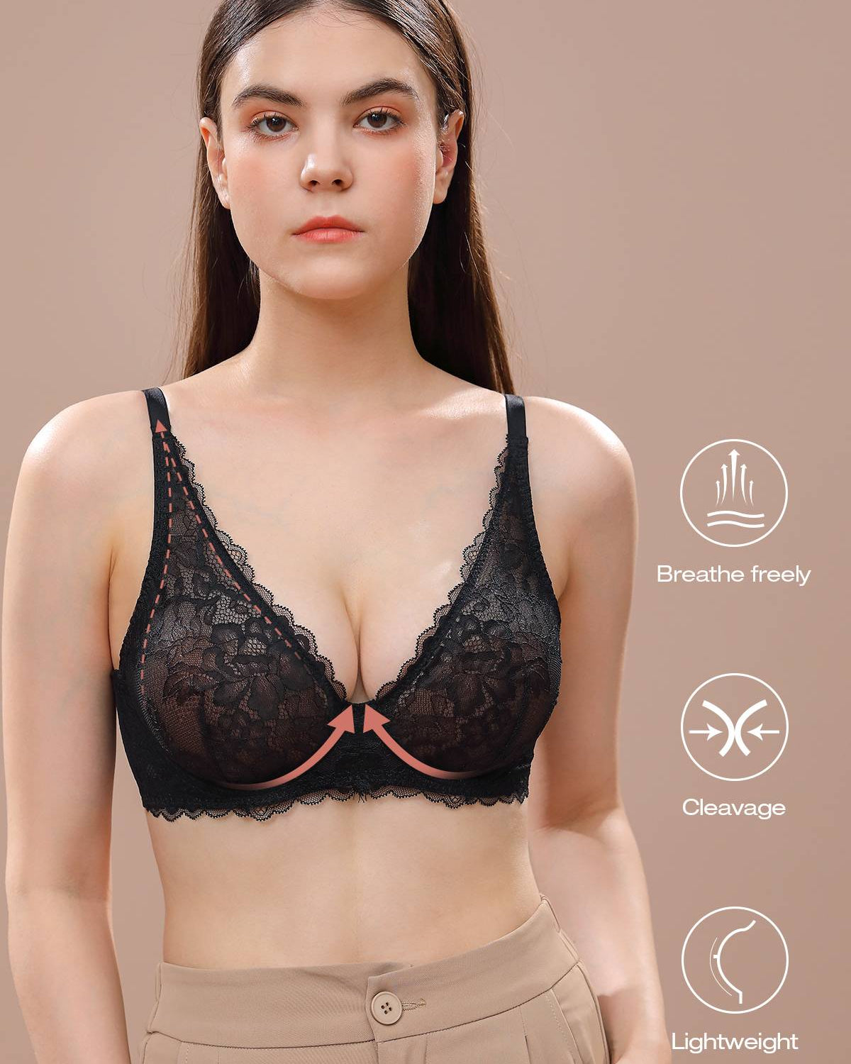 Sexy Sheer Lace Contour Plunge Bra Black - WingsLove