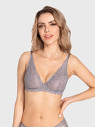 Sexy Sheer Lace Contour Plunge Bra Grey - WingsLove