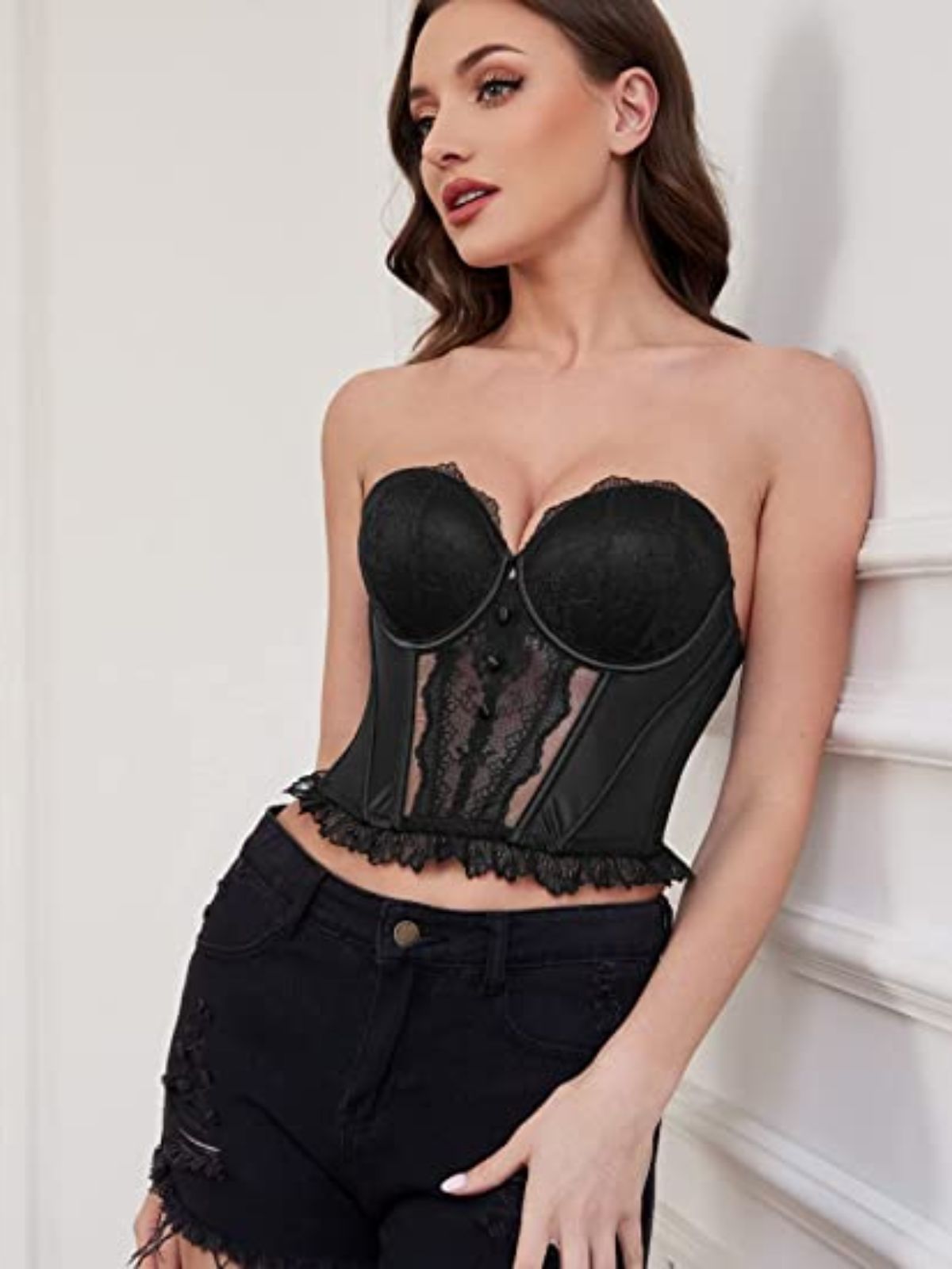 Strapless Bra Longline Corset Push Up Boned Underwire Sexy Sheer Mesh Lace-Trim Black - WingsLove