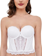 Strapless Bra Longline Corset Push Up Boned Underwire Sexy Sheer Mesh Lace-Trim White - WingsLove