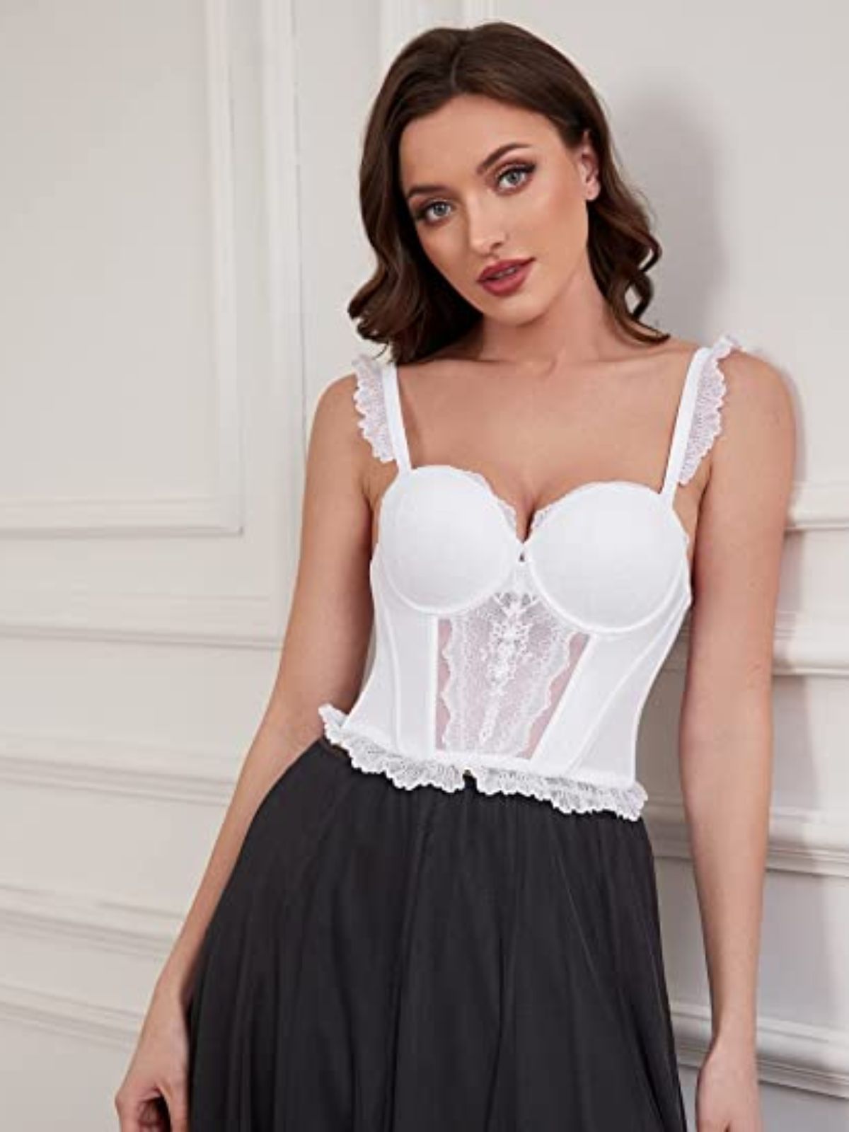 Strapless Bra Longline Corset Push Up Boned Underwire Sexy Sheer Mesh Lace-Trim White - WingsLove