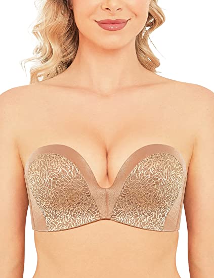 Strapless Bra Push Up Plunge Wireless Padded Multiway Contour Milk Coffee - WingsLove