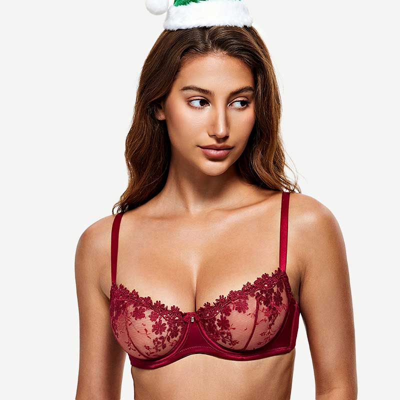 Underwire Lace bra Sheer Mesh Unlined, Wine Red