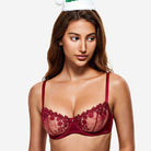 Underwire Lace bra Sheer Mesh Unlined, Wine Red
