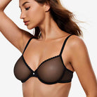 Breathable Unlined Sheer Bra with Underwire Support, Black Wingslove