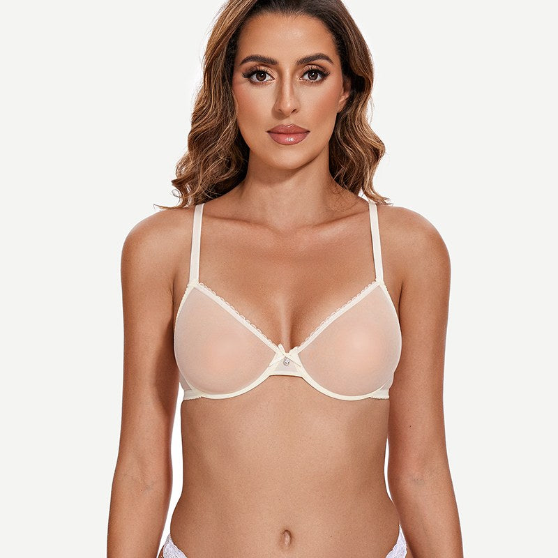 Breathable Unlined Sheer Bra with Underwire Support, Ivory White Wingslove