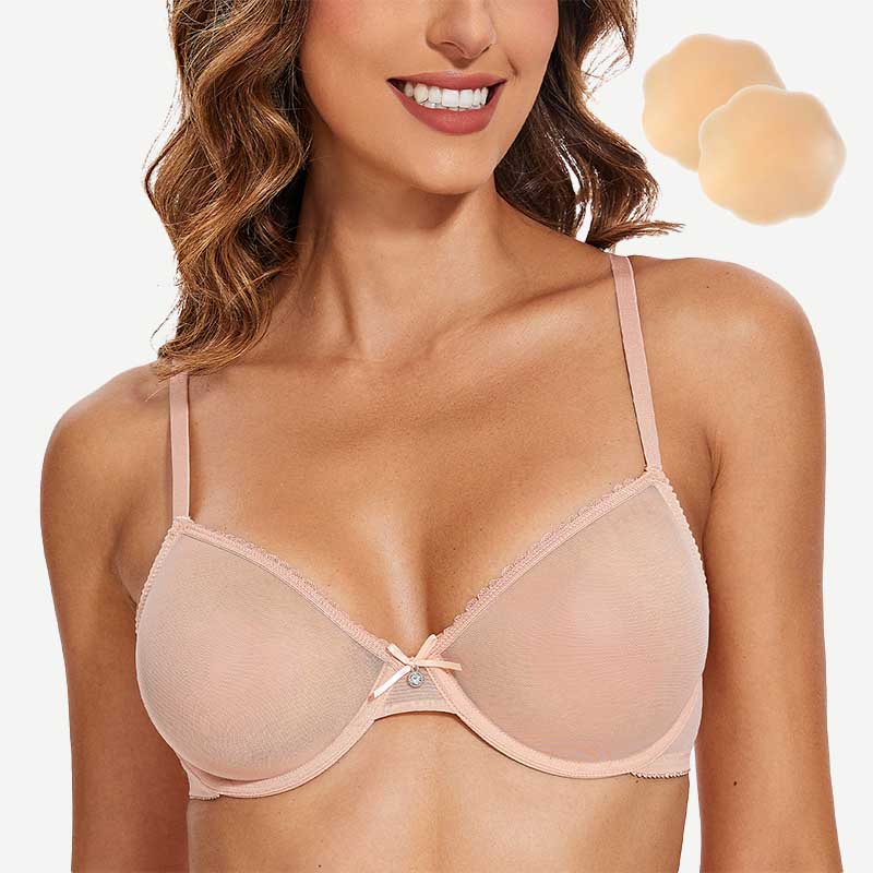 Breathable Unlined Sheer Bra with Underwire Support, Pink Nude