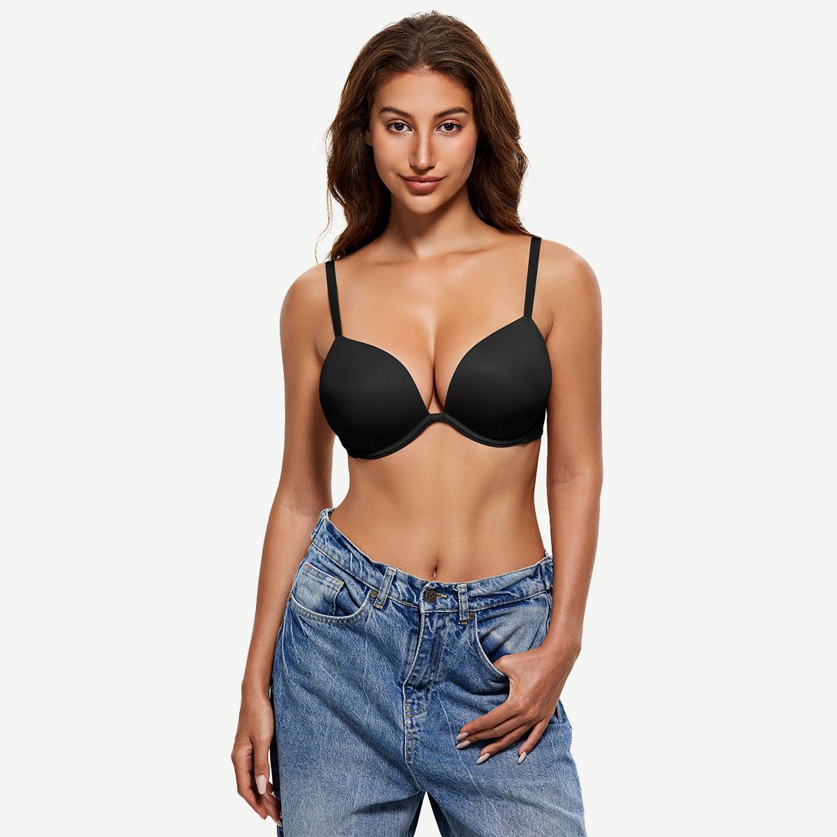 Deep V Padded Push Up Bra with Underwire, Black Wingslove