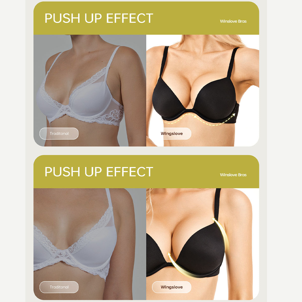 Deep V Padded Push Up Bra with Underwire, Black Wingslove